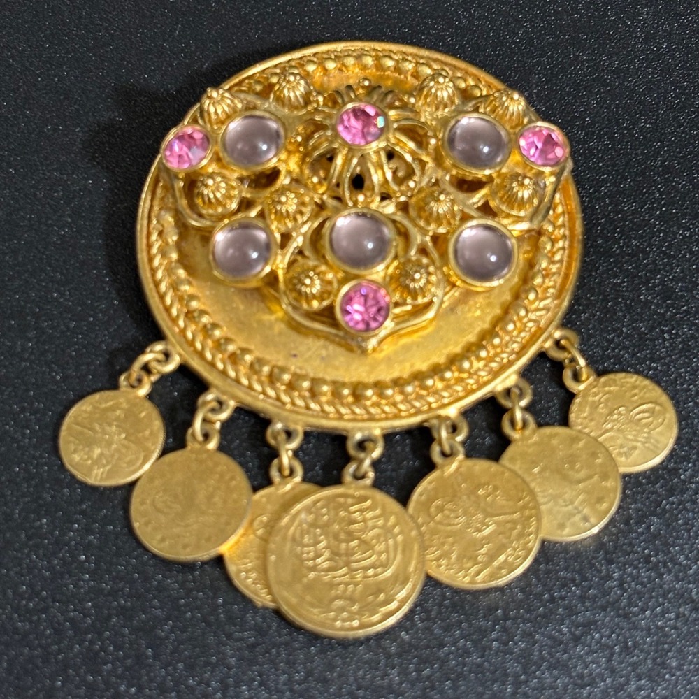Ben-Amun Vintage Gold Tone Coin Dangle Brooch Pink Rhinestone Cabochon Statement